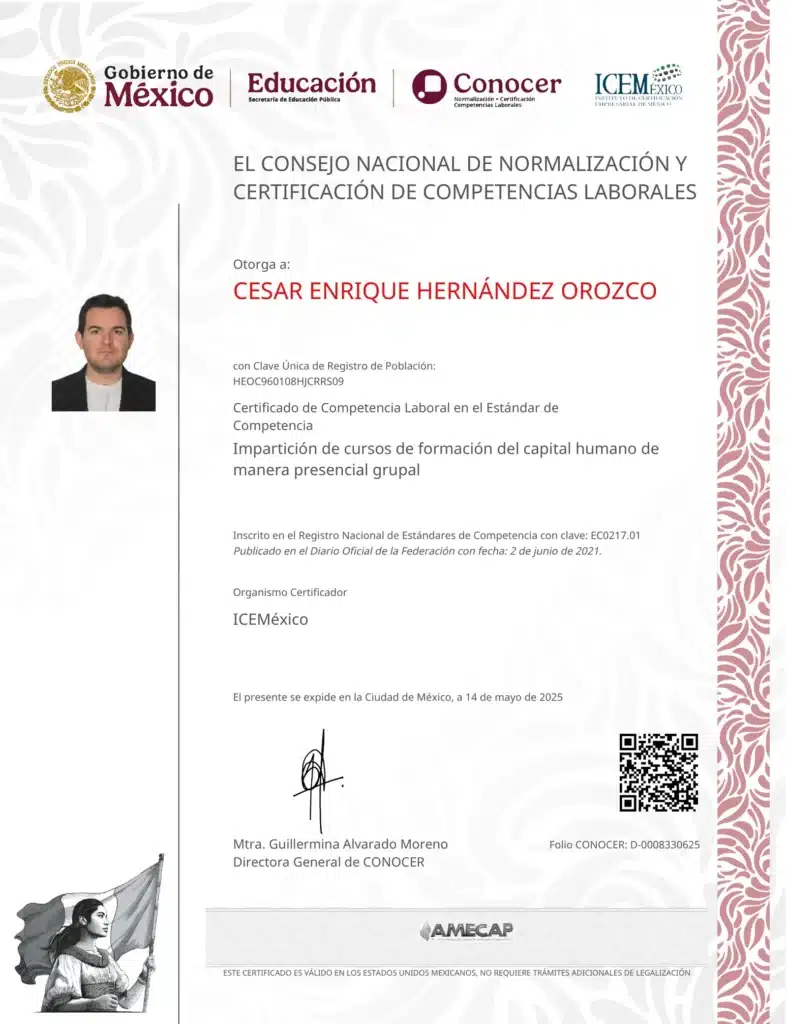 Certificado SEP-CONOCER de competencia laboral EC0217.01 a nombre de César Enrique Hernández Orozco