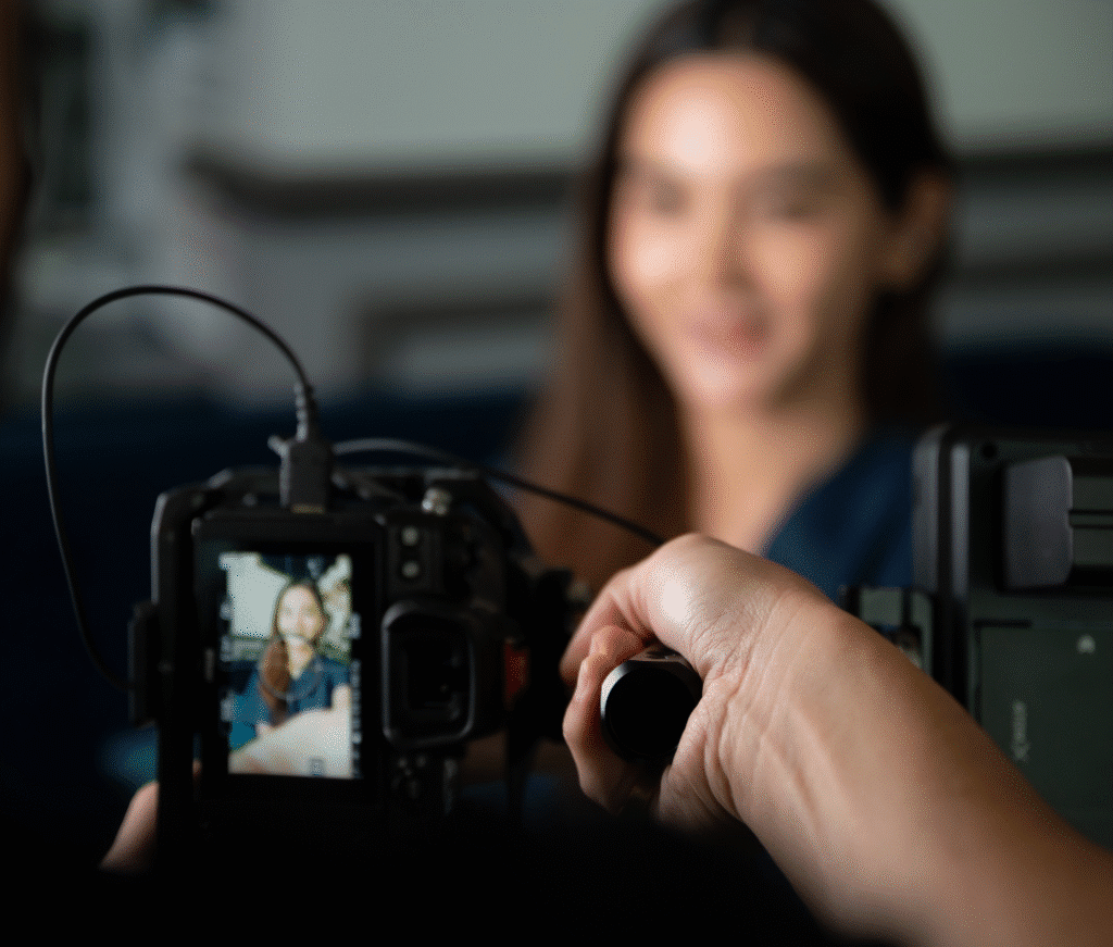 Mujer joven participando en un casting profesional frente a cámara para podcast empresarial
