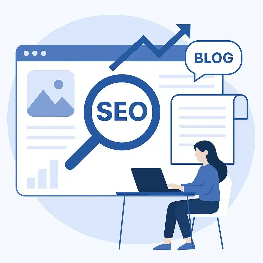 Ilustración de mujer trabajando en estrategia de SEO para blog con elementos visuales de posicionamiento web.