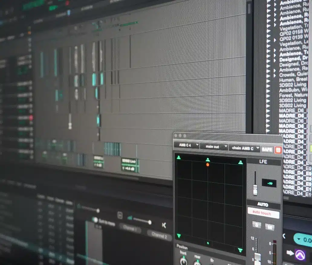 Pantalla con sesión de Pro Tools abierta, mostrando diseño sonoro y mezcla envolvente para cine en entorno profesional.